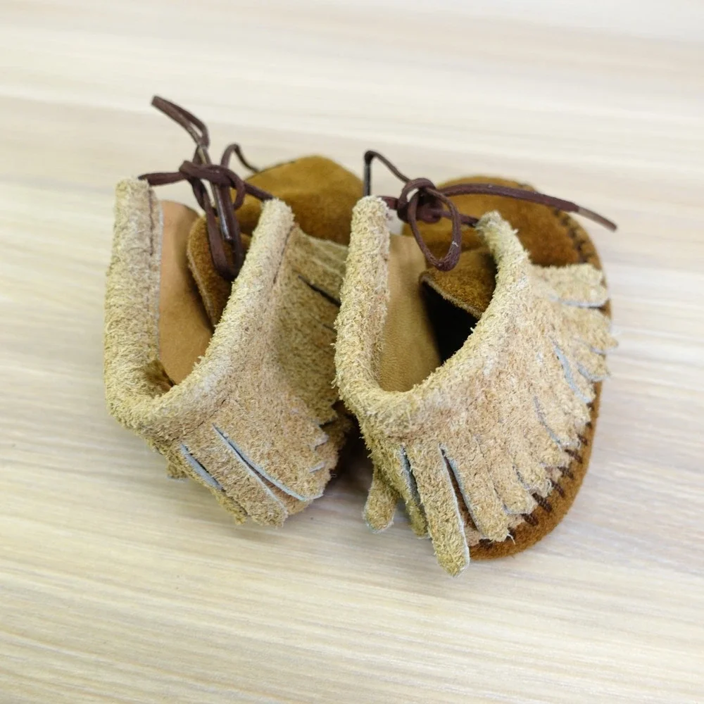 Taos Baby 2 Brown Tan Suede Fringe Moccasin Bootie Southwestern Handmade Vtg